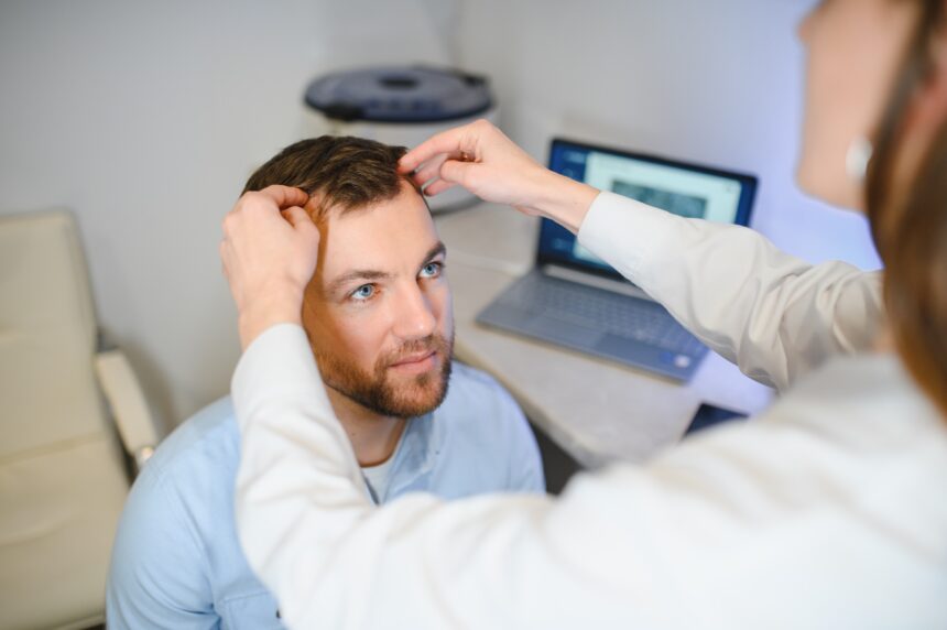 A trichologist examines the hair of a man who begins alopecia.