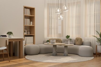 Beautiful minimal contemporary living room interior design with trendy comfortable couch