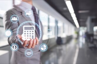 Financial Management and Business Analysis concept. Businessman using tools for financial planning