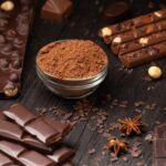 Handmade chocolate, cocoa powder and spices on a dark background