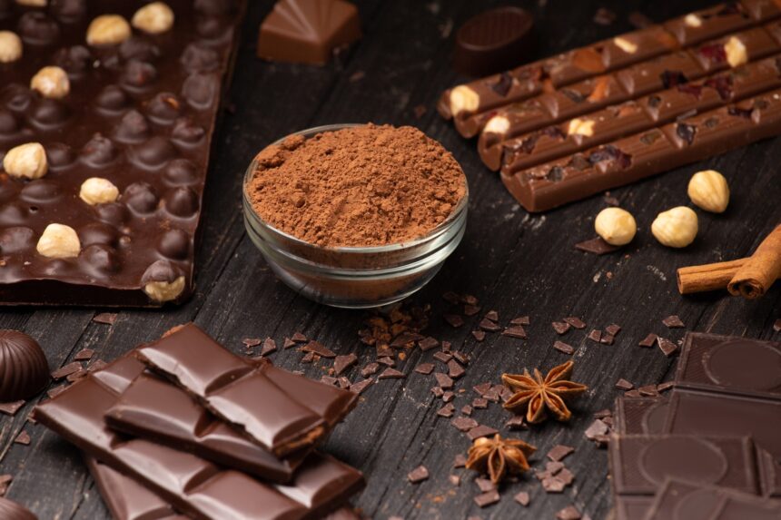 Handmade chocolate, cocoa powder and spices on a dark background