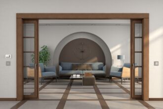 Modern living room with sliding door