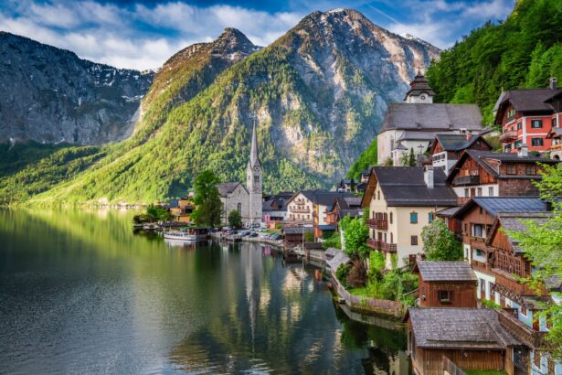 Stunning sunrise at Hallstattersee lake in Hallstatt, Alps, Austria