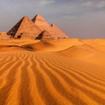 Sunset view of Pyramid complex of Giza, in Cairo, Egypt