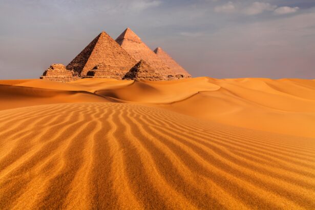 Sunset view of Pyramid complex of Giza, in Cairo, Egypt